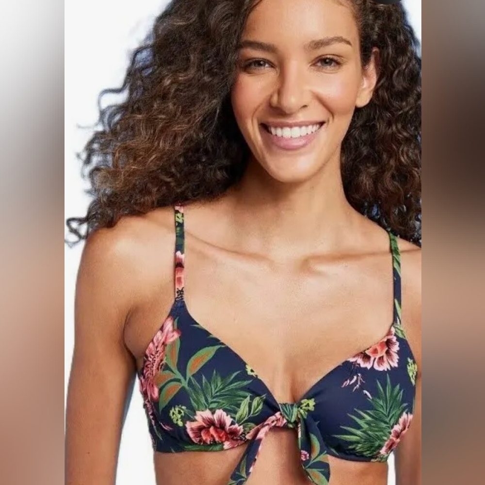 Navy Blue Green Pink With Floral Print Front Tie Detail- Underwire Bikini-